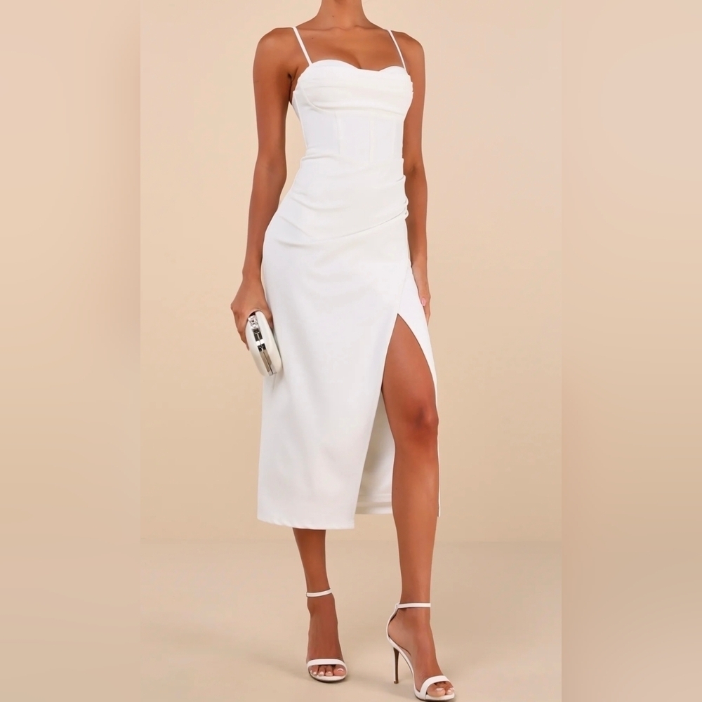 Lulus Always Turning Heads White Bustier Tulip Midi Dress, Size Large